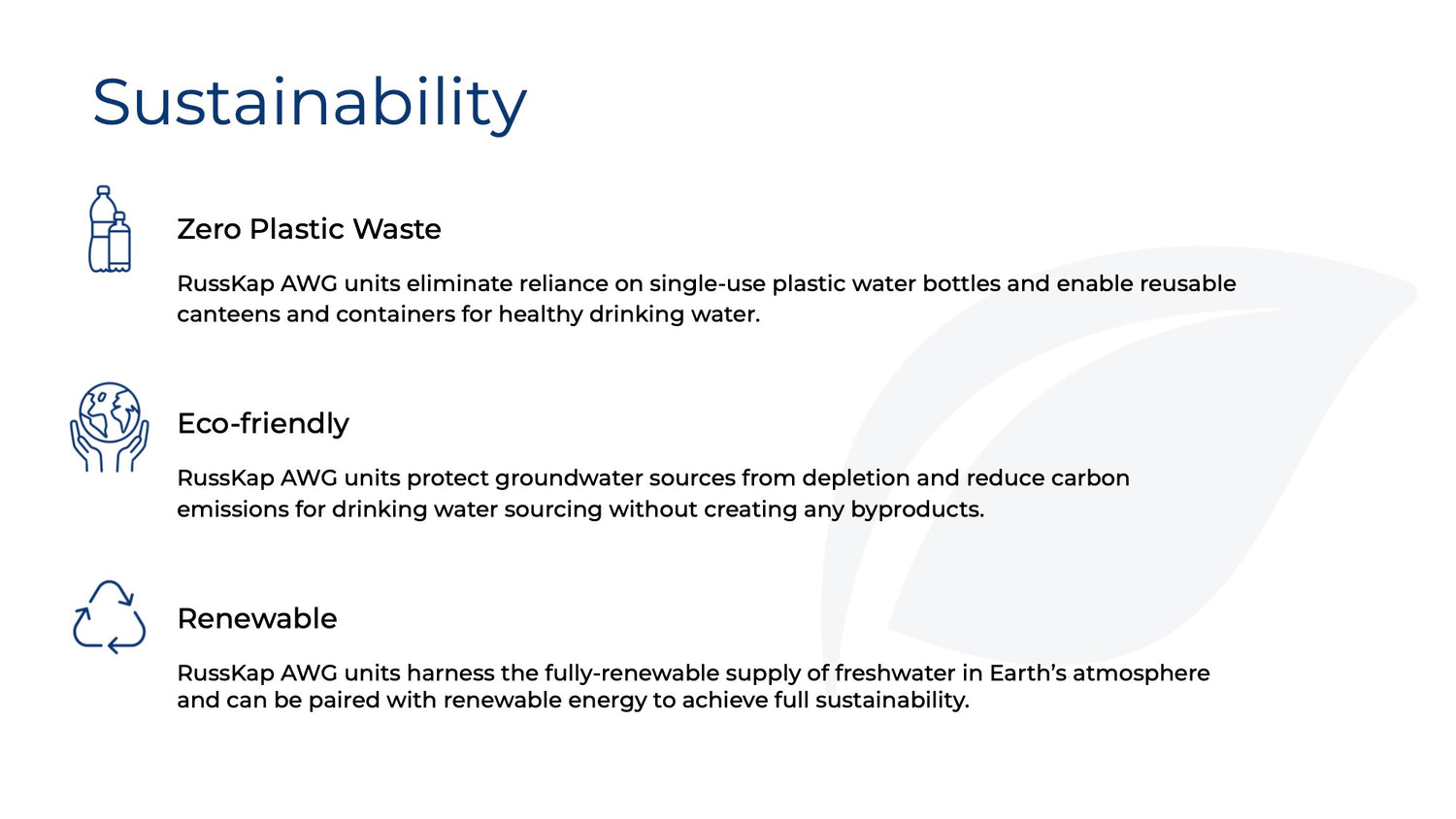 RussKap AWG Sustainability: proactive solution for plastic pollution, mitigate environmental impact, harness fully-renewable supply of fresh water.