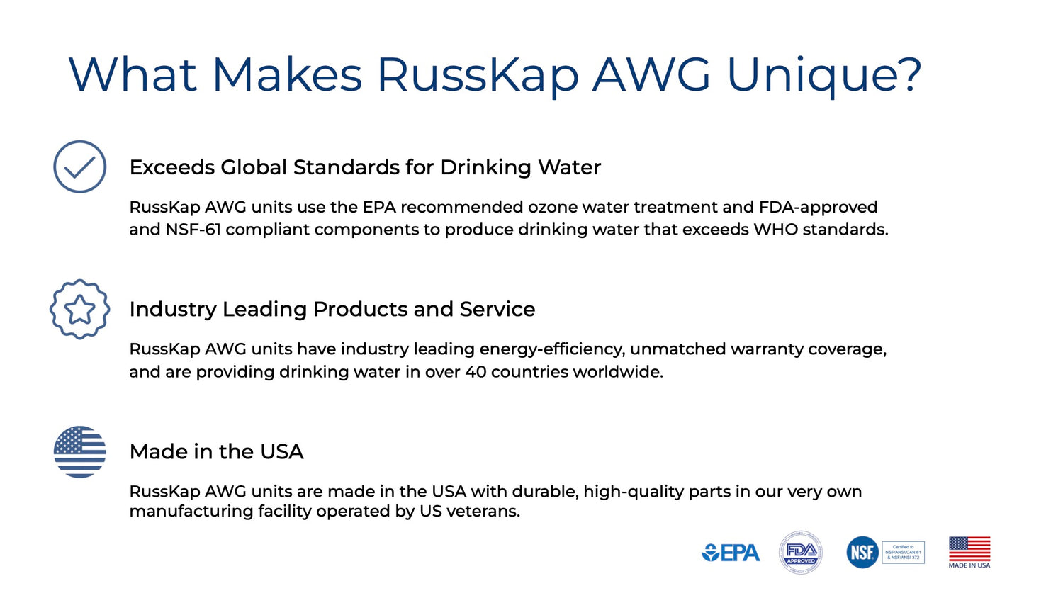 What Makes RussKap AWG Unique: exceeds global standards for drinking water, industry-leading product and service, made in USA by US veterans.