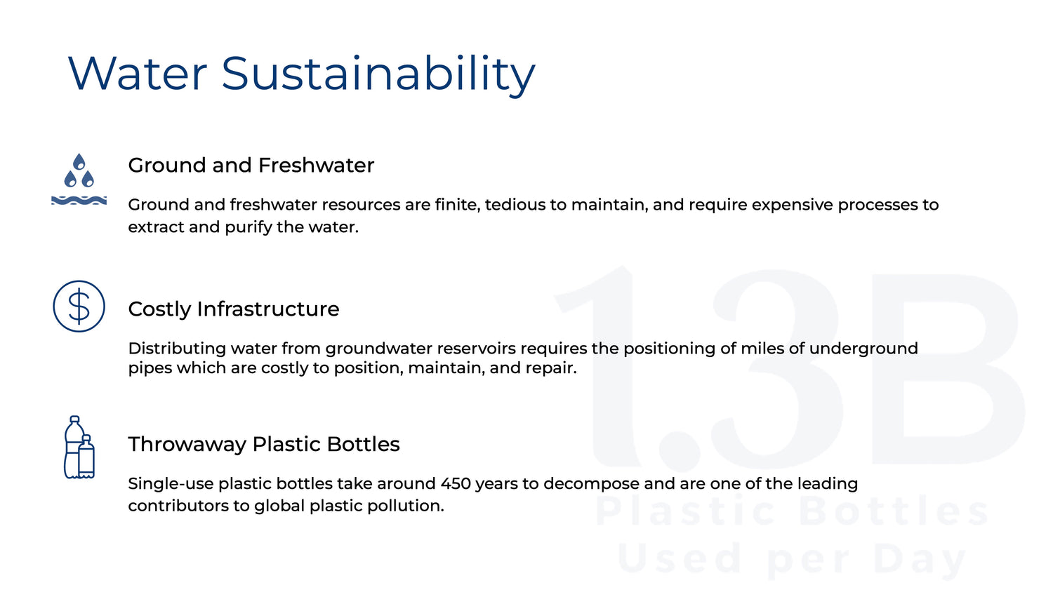 Water Sustainability: ground and freshwater depletion, costly infrastructure, single-use plastic bottles.